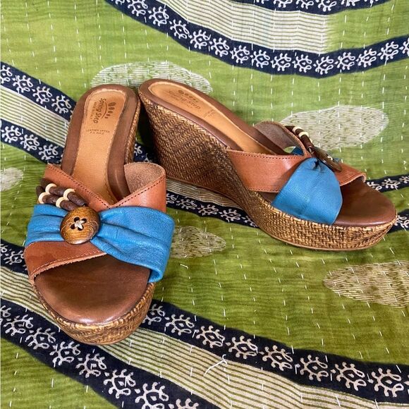 Spring Step Shoes - Spring Step Blue and Brown Leather Boho Wedge Heels Size 9